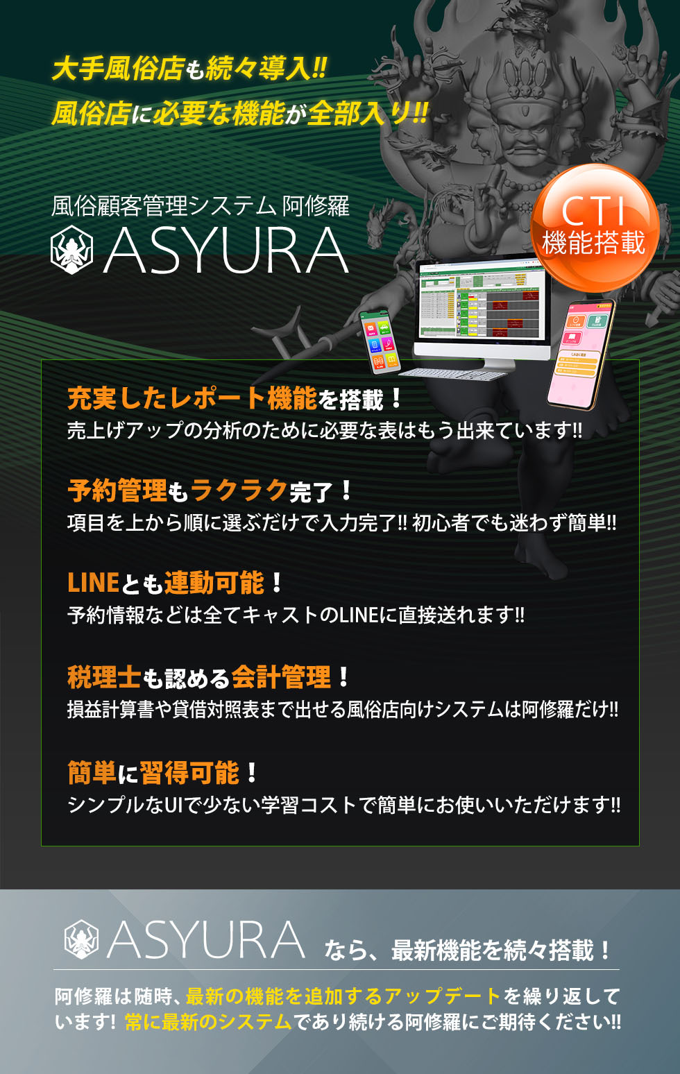 大手風俗店も続々導入!! 風俗店に必要な機能が全部入り!! 風俗顧客管理システム阿修羅 ASYURA CTI機能搭載 充実したレポート機能を搭載！ 売上げアップの分析のために必要な表はもう出来ています!! 予約管理もラクラク完了！ 項目を上から順に選ぶだけで入力完了!!初心者でも迷わず簡単!! LINEとも連動可能！ 予約情報などは全てキャストのLINEに直接送れます!! 税理士も認める会計管理！ 損益計算書や貸借対照表まで出せる風俗店向けシステムは阿修羅だけ!! 簡単に習得可能！ シンプルなUIで少ない学習コストで簡単にお使いいただけます!! ASYURAなら、最新機能を続々搭載！ 阿修羅は随時、最新の機能を追加するアップデートを繰り返しています！常に最新のシステムであり続ける阿修羅にご期待ください!!